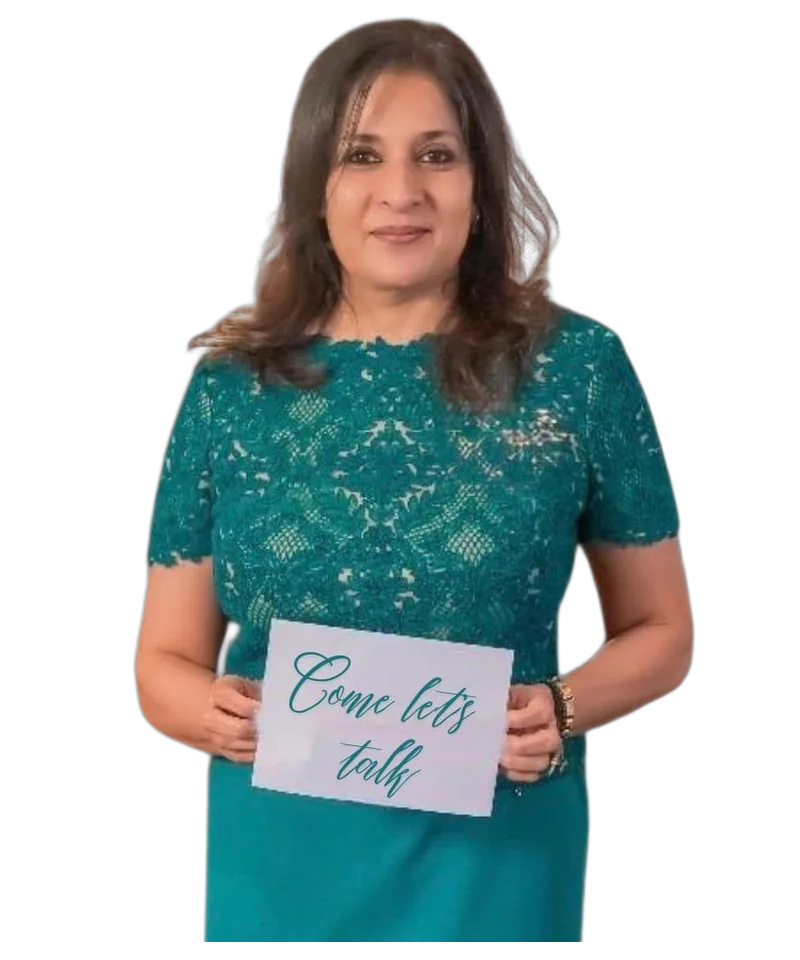 Sangeeta Krisna holding a card that reads Come, let’s talk